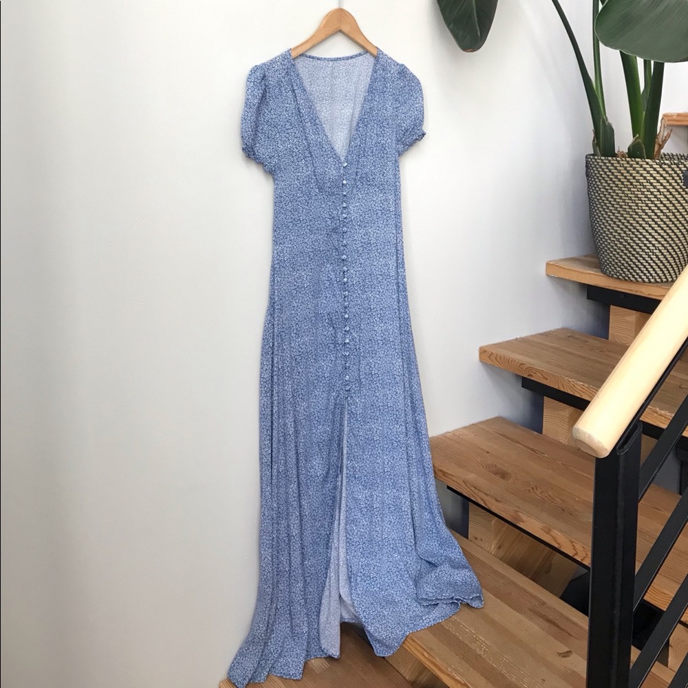 Blue floral puff sleeve milkmaid maxi dress size S